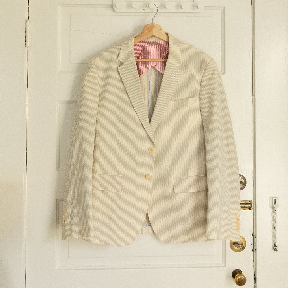 Vintage Tan Seersucker Haspel Suit – Jacket & Pants (Size 40)